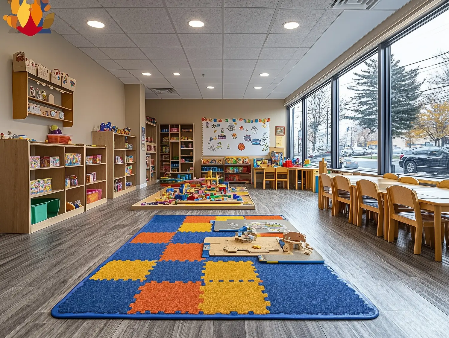  Helles und farbenfrohes Kindergarten-Klassenzimmer mit Spielzeug und Kunstsachen.